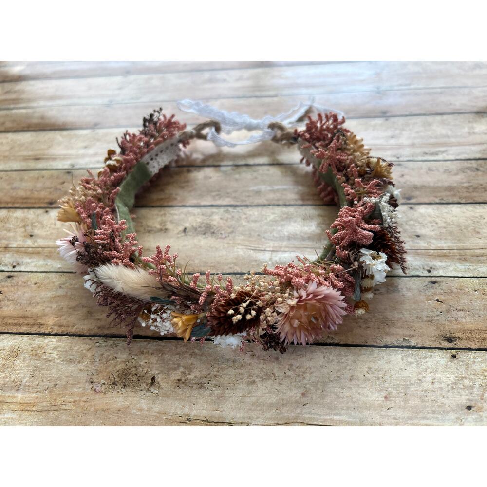 Coral/ Burgundy Floral Halo Crown Adjustable Tie Back Toddler Size NEW